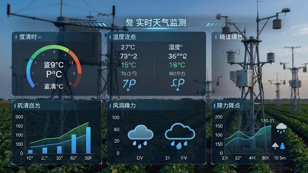 度清时天气实时天气监测功能截图,展示温度、湿度、风力、降水等数据仪表盘,背景为农田气象站,界面科技感强,数据可视化图表清晰,风格专业,细节丰富,画质高清干净无多余元素