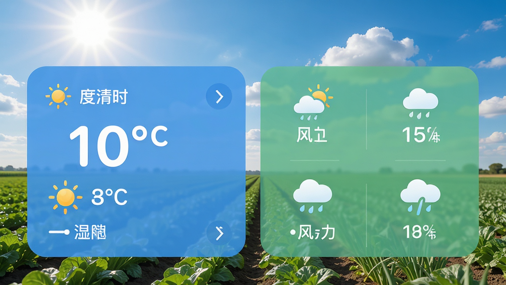 度清时天气软件主界面预览图,展示实时温度、湿度、风力、降水等核心天气数据卡片,背景为晴朗农田与蓝天白云,界面简洁清晰,采用蓝色与绿色为主色调,图标圆润,布局合理,风格现代清新,细节丰富,画质高清干净无多余元素