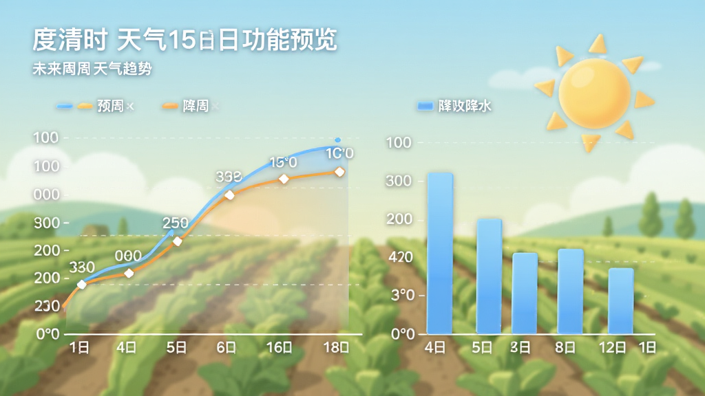 度清时天气15日预报功能预览,展示未来两周天气趋势图表,包含气温曲线、降水柱状图,背景为农田与太阳图标,界面简洁明了,色彩柔和,风格清新,细节丰富,画质高清干净无多余元素