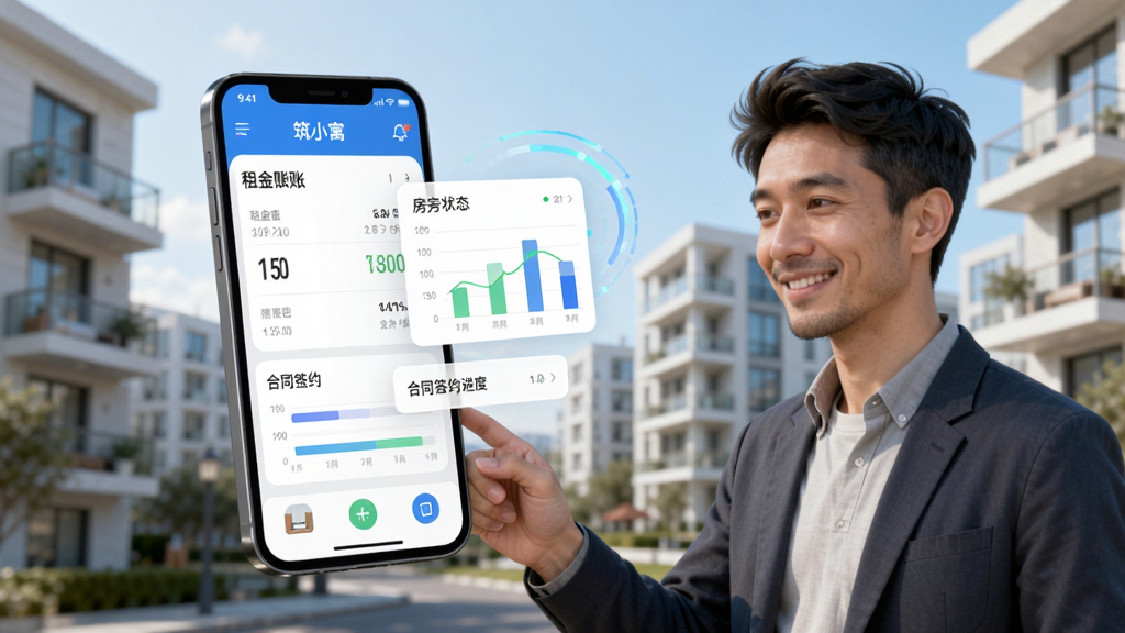 高清数字艺术风格,展示一位现代都市房东轻松使用智能手机上的“筑小寓”APP管理多套公寓的界面,手机屏幕悬浮放大显示租金账单、房态图表和合同签约进度,背景是模糊的现代化公寓楼群,画面明亮,突出高效便捷和科技感,画质干净无多余元素