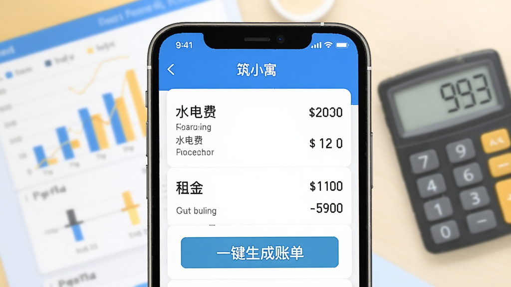 界面设计展示“筑小寓”APP的账单管理功能,手机界面特写,显示清晰的水电费与租金明细列表,包含“一键生成账单”的按钮,背景为简洁的财务图表和计算器元素,扁平化设计风格,色彩明快,画质清晰干净