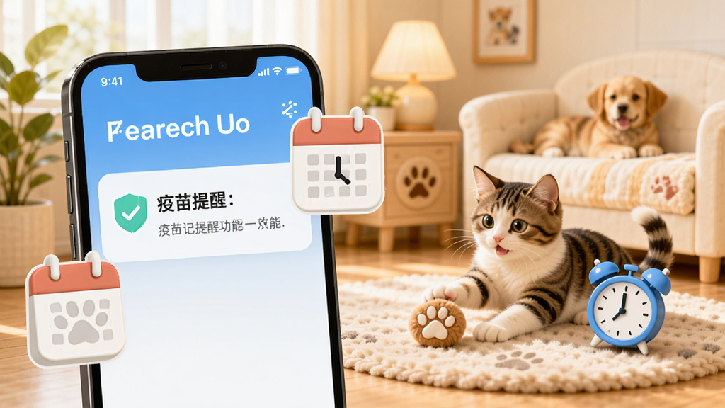 养宠记提醒功能示意图,手机屏幕显示疫苗提醒通知,旁边有日历和闹钟图标,背景是温馨的宠物房间,猫咪在玩耍,整体风格明亮,画质干净,无多余元素