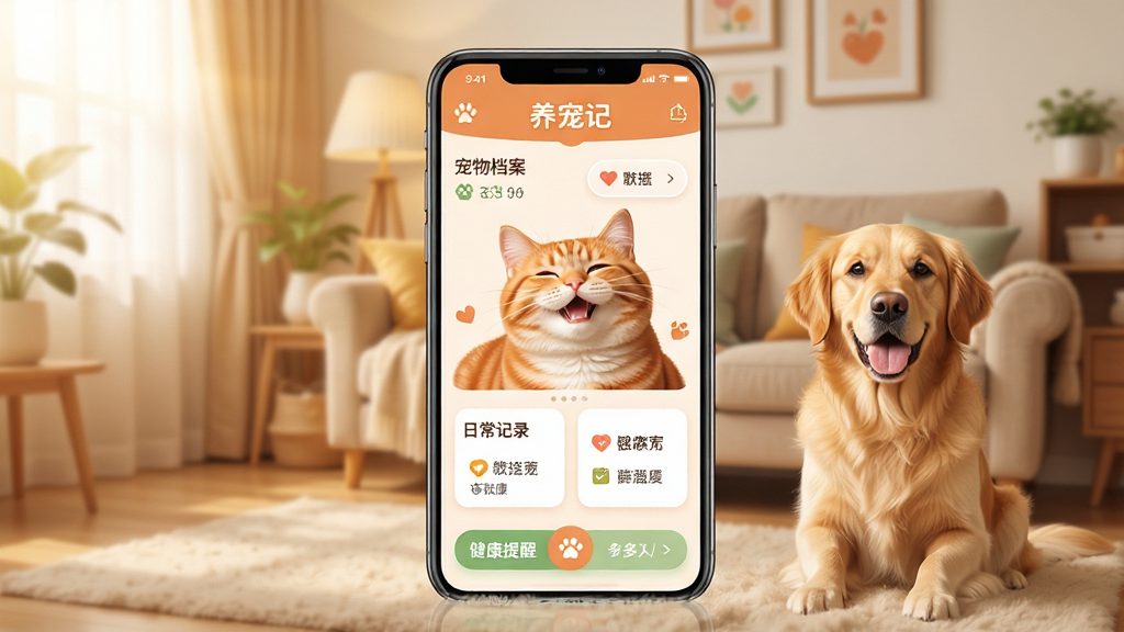 养宠记App界面预览图,展示宠物档案、日常记录、健康提醒等核心功能模块,整体风格清新可爱,以暖色调为主,主视觉为一只可爱的橘猫和一只金毛犬,背景是温馨的家庭客厅,手机界面清晰显示“养宠记”名称,布局简洁,画质干净,无多余元素