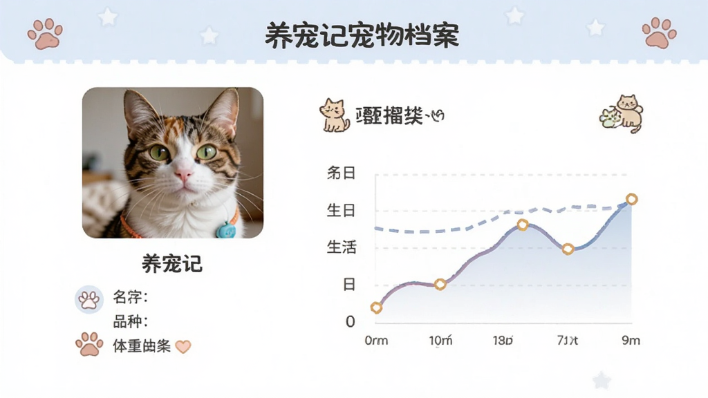 养宠记宠物档案页面,展示一只猫咪的详细资料,包括照片、名字、品种、生日、体重曲线图,界面设计简洁清晰,配有可爱图标,画质干净,无多余元素