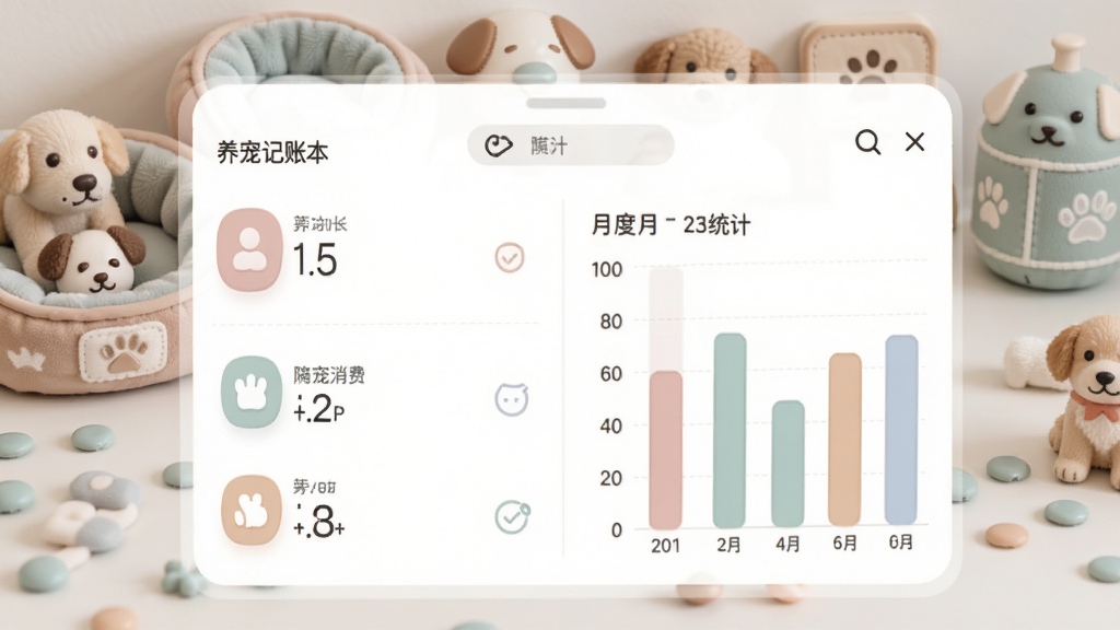 养宠记账本界面,展示各类消费分类图标和月度统计柱状图,色彩柔和,数字清晰,背景有宠物用品摆件,画质干净,无多余元素