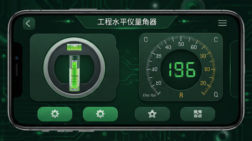 主体:一款名为“工程水平仪量角器”的安卓手机应用界面,手机横屏显示,屏幕上有圆形气泡水平仪和量角器刻度,背景为深色科技绿HUD风格。布局:手机居中,屏幕内左右分布水平仪与量角器模块,下方有功能按钮。排版:界面简洁,图标清晰,数字读数醒目。风格:扁平化+拟物结合,深色背景,绿色高亮,科技感强。细节:气泡居中显示,量角器刻度精细,有角度数值显示。画质:高清渲染,干净,无多余元素。