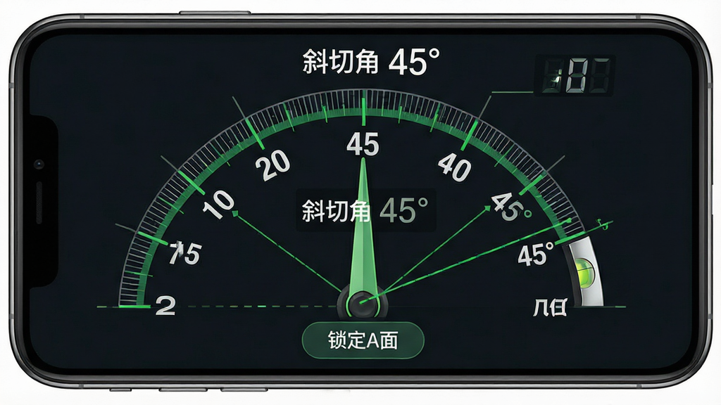 主体:工程水平仪量角器App的量角器功能界面,手机屏幕上显示量角器弧形刻度,指针指向45°,显示“斜切角 45°”。布局:手机横屏,量角器占据主屏幕,上方有角度读数,下方有锁定A面按钮。排版:刻度线清晰,角度数值大字显示。风格:深色背景,绿色刻度,白色文字,科技感。细节:指针与刻度对齐,有辅助线提示。画质:高清,干净,无多余元素。