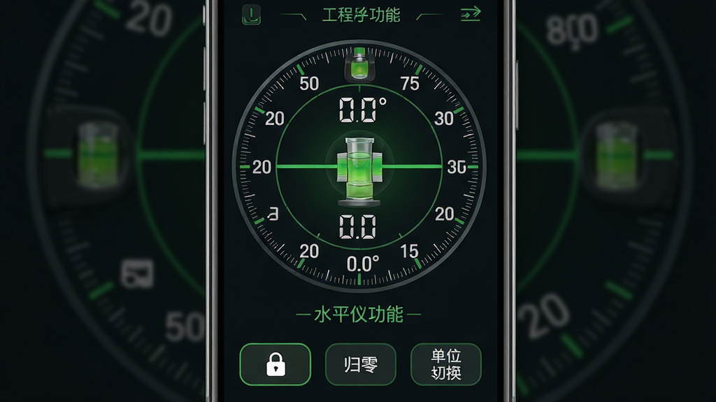 主体:工程水平仪量角器App的水平仪功能界面,手机屏幕上显示圆形气泡水平仪,气泡居中,绿色刻度线,数字显示0.0°。布局:手机竖屏,界面中央为水平仪圆盘,下方有锁定、归零、单位切换按钮。排版:圆盘刻度清晰,数值字体大而醒目。风格:深色背景,绿色与白色搭配,HUD科技风格。细节:气泡完美居中,刻度线精细,有水平提示文字。画质:高清,干净,无多余元素。