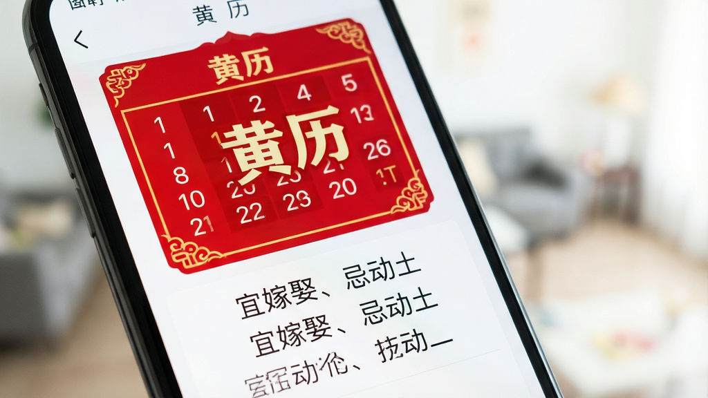 一张智能手机屏幕特写,屏幕显示黄历APP的主界面,上方是红色中国风传统日历样式,日期数字醒目,下方清晰列出“宜嫁娶、忌动土”等条目,背景虚化,整体画面明亮干净,风格简洁现代,突出“黄历”二字,画质高清,无多余元素