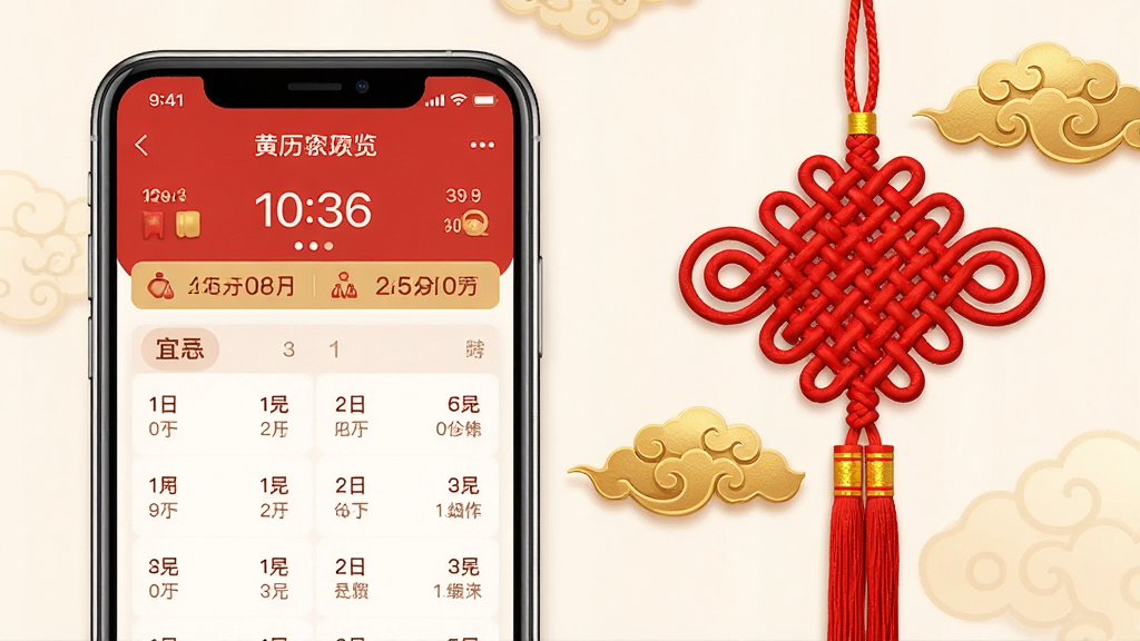 黄历APP特色功能预览图,画面左侧是手机界面,展示农历日期和宜忌列表,右侧配以红色中国结和金色祥云装饰,整体风格喜庆吉祥,主体突出,布局均衡,排版清晰,细节丰富,画质细腻干净,无多余元素