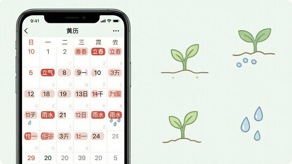 黄历APP万年历功能预览图,屏幕显示日历网格,用红色标记节气名称,如“立春”“雨水”,旁边配有简笔插画,如嫩芽、雨滴,风格清新淡雅,布局规整,排版舒适,细节丰富,画质高清干净,无多余元素