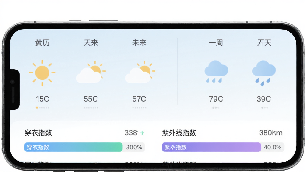 黄历APP天气预报功能预览图,屏幕显示未来一周天气图标,有太阳、云朵、雨滴,下方有穿衣指数和紫外线指数条,风格简约扁平,布局清晰,排版整齐,细节丰富,画质干净,无多余元素