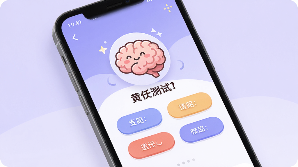 黄历APP心理测试功能预览图,屏幕显示一个心理测试题目界面,有一个卡通大脑图标和几个选项按钮,背景为柔和渐变紫色,风格轻松活泼,布局合理,排版舒适,细节清晰,画质干净,无多余元素