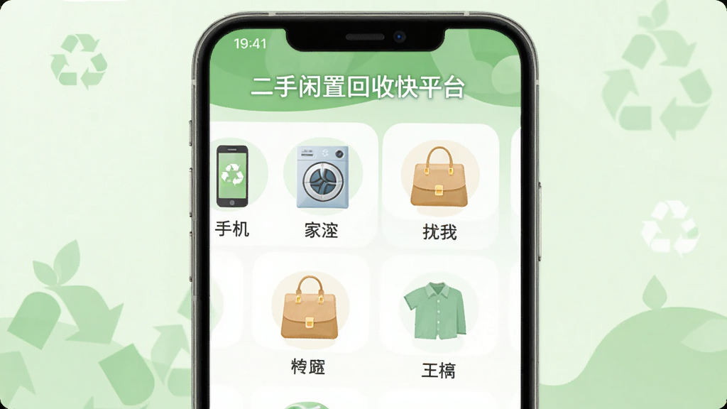 画面中央展示一款名为“二手闲置回收快平台”的手机应用界面,界面清晰显示各类回收分类图标,如手机、家电、包包、衣物等,背景为淡绿色环保风格,整体布局简洁明快,采用扁平化设计,色彩柔和,突出绿色循环主题,画质高清,干净无多余元素。