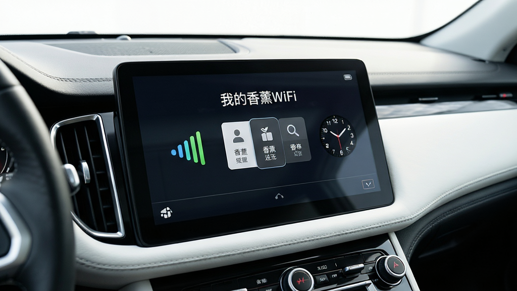 一张现代汽车内部的中控台特写,中控屏幕上显示“我的香薰WiFi”APP界面,界面简洁清晰,包含网络信号图标、香氛选择按钮和时钟显示,整体风格科技感十足,光线明亮,画质干净,无多余元素。