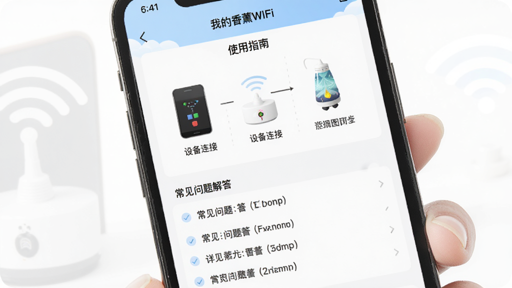 手机屏幕显示“我的香薰WiFi”APP的“使用指南”界面,上方为设备连接步骤图解,下方有常见问题解答列表,界面清晰易懂,风格简洁,画质干净。