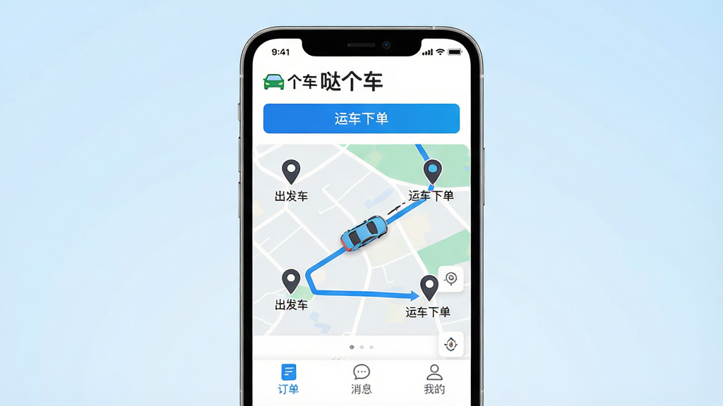 主体:手机屏幕展示“哒个车”APP主界面,界面顶部显示“哒个车”品牌LOGO和“运车下单”功能按钮,中间是地图路线和车辆图标,底部有“订单”“消息”“我的”标签栏。布局:居中构图,手机模型占画面主体,背景为干净的浅蓝色渐变。排版:界面元素清晰,功能模块分区明确。风格:现代科技感,扁平化设计,色彩明亮。细节:地图上标注出发地和目的地城市,车辆图标沿路线移动,界面文字清晰可读,包含“哒个车”字样。画质:高清渲染,干净,无多余元素。