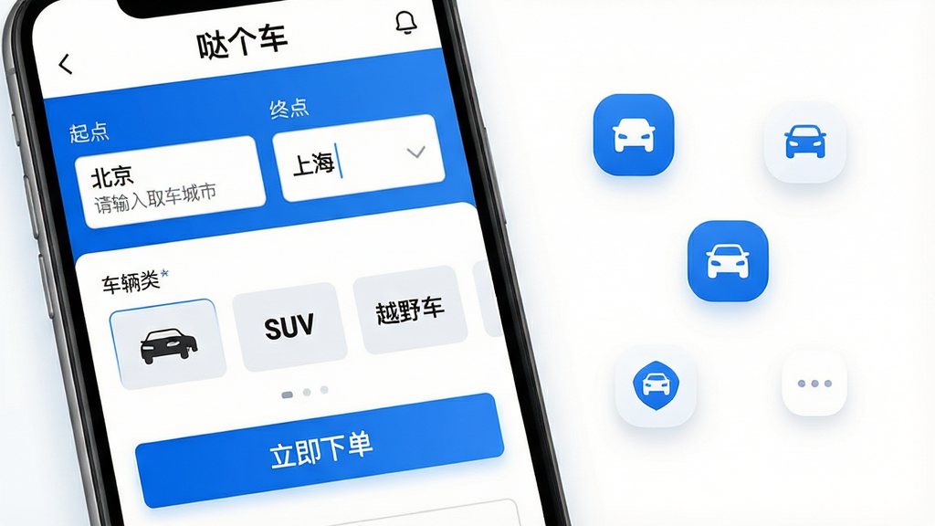 主体:手机界面展示“哒个车”下单页面,包含起点“北京”和终点“上海”的输入框,中间有车辆类型选择图标(轿车、SUV、越野车)。布局:左侧为手机屏幕特写,右侧为简洁的白色背景和几个浮动图标。排版:表单项目垂直排列,每个字段有清晰标签。风格:清爽商务风,蓝白主色调。细节:输入框内有示例文字“请输入取车城市”,按钮显示“立即下单”并高亮,屏幕顶部有“哒个车”字样。画质:高清细腻,干净,无多余元素。