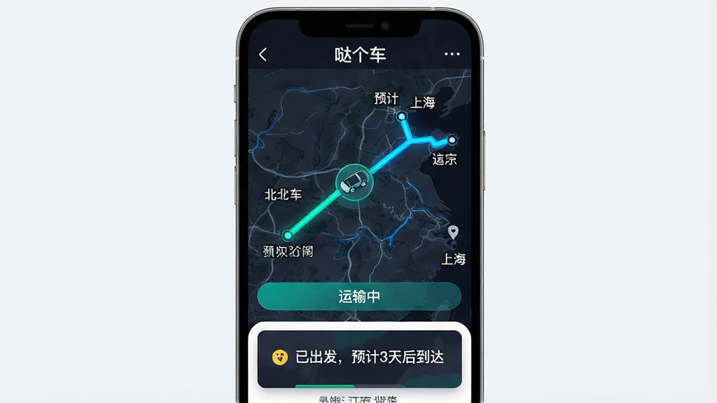 主体:手机屏幕展示“哒个车”订单追踪页面,地图上显示从北京到上海的运输轨迹线,中间有车辆图标移动,下方订单状态栏显示“运输中”。布局:地图占据画面大部分,底部有状态卡片。排版:轨迹线清晰,状态文字醒目。风格:科技感,深色地图背景搭配亮色线路。细节:地图上标注城市名称和预计到达时间,状态卡片显示“司机已出发,预计3天后到达”,屏幕顶部有“哒个车”字样。画质:高保真,干净,无多余元素。
