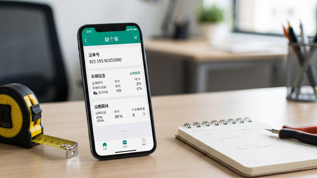 主体:一部手机放在桌面上,屏幕显示“哒个车”订单详情页,旁边有卷尺和记事本。布局:手机居中偏左,右侧留白放有工具。排版:手机屏幕内容清晰可见。风格:生活化场景,自然光。细节:屏幕上的订单信息包含“运单号”“车辆信息”“运输路线”,背景有模糊的办公环境。画质:高清,干净,无多余元素。