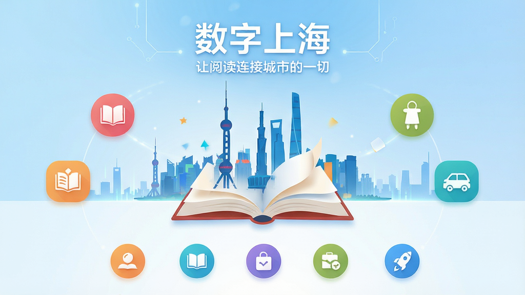 主体:数字上海APP界面展示,中央为数字城市地标剪影与书籍元素融合,周围环绕阅读、文化、生活三类功能图标。布局:上下结构,上方为品牌名称“数字上海”与标语“让阅读连接城市的一切”,下方为功能图标排布。排版:现代简洁,图标整齐排列,背景为淡蓝色渐变。风格:科技感与人文气息结合,扁平化设计。细节:书籍翻页动态,城市天际线点缀,色彩明亮。画质:高清,干净,无多余元素。