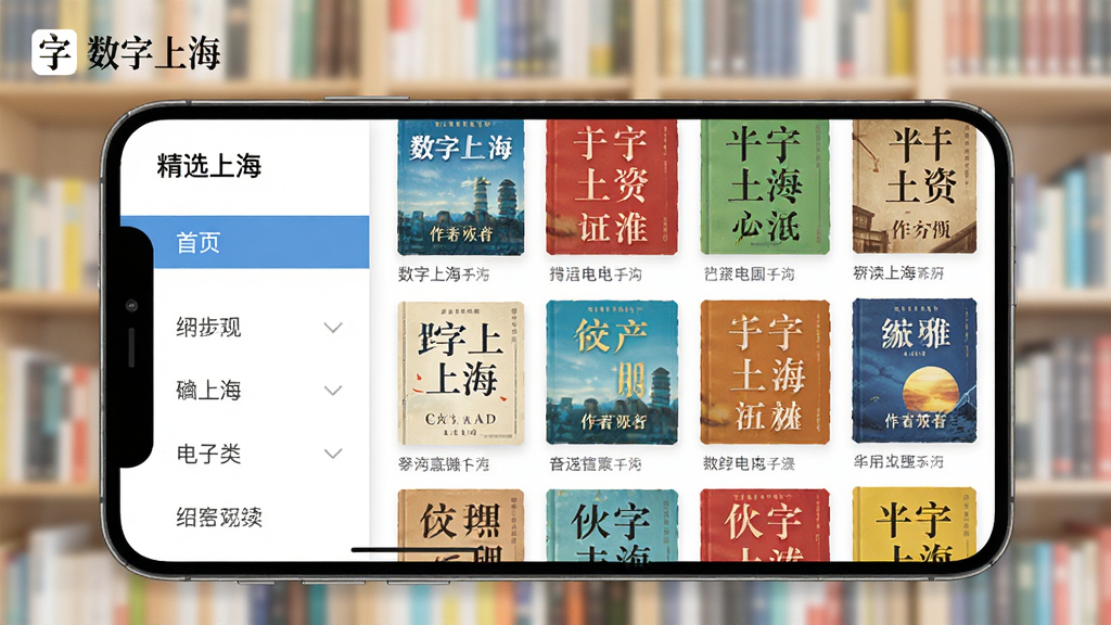 主体:数字上海APP的阅读界面,屏幕展示精选电子书封面墙。布局:左侧为分类导航栏,右侧为书籍封面瀑布流。排版:封面整齐排列,配有书名与作者信息。风格:清新明亮,书架背景。细节:书籍封面色彩丰富,“数字上海”logo置于左上角。画质:高清,干净,无多余元素。