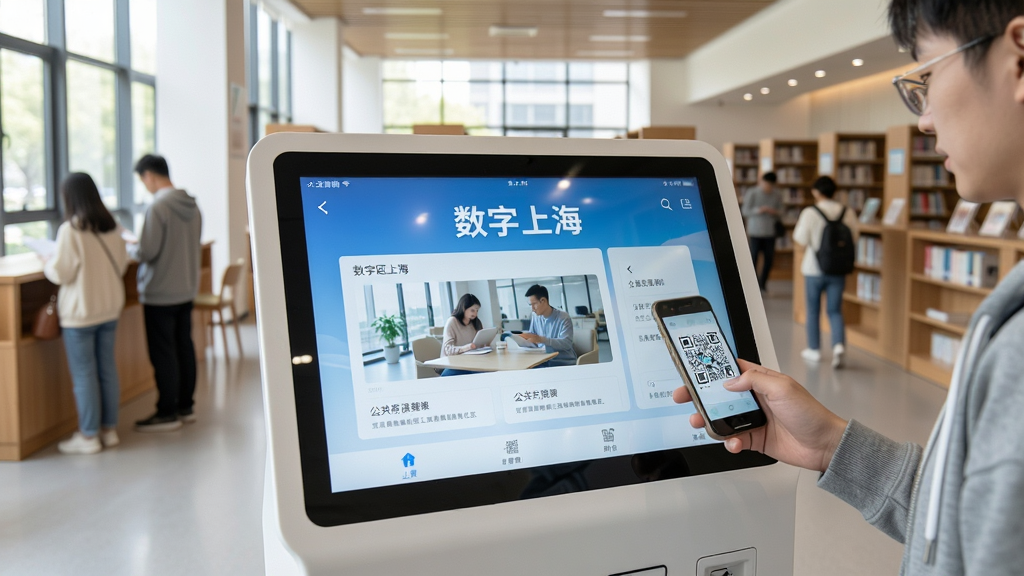 主体:数字上海智能阅读终端在公共空间的应用场景,用户扫码阅读。布局:前景为终端屏幕显示“数字上海”界面,背景为图书馆或社区中心环境。排版:终端居中,周围有用户操作,环境整洁。风格:写实风格,明亮自然光。细节:屏幕内容清晰,用户手机扫码动作,氛围安静有序。画质:高清,干净,无多余元素。