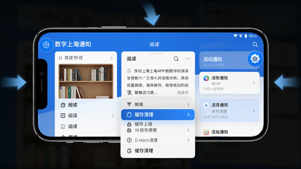主体:数字上海APP在手机上的运行画面,屏幕显示书架、阅读界面和活动通知。布局:手机横屏展示,周围有操作提示箭头。排版:清晰展示APP界面元素,重点标注设置图标。风格:科技感,蓝色调。细节:下拉菜单展开,缓存清理选项高亮。画质:高清,干净,无多余元素。