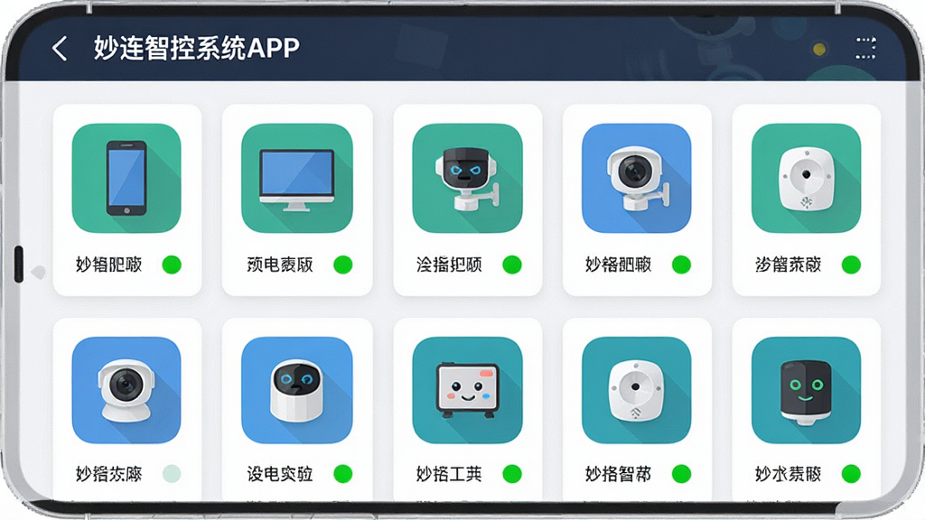 主体:妙连智控系统APP的设备列表页面,显示多个已连接的智能设备图标。布局:列表形式,每个设备卡片包含图标、名称和状态指示灯。排版:简洁清晰,设备卡片排列整齐。风格:现代化、扁平化设计。细节:设备图标包括手机、电脑、摄像头等,状态灯为绿色。画质:高清晰度,界面干净无多余元素。