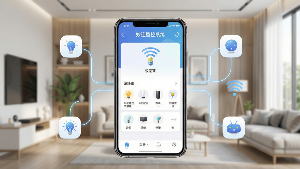 主体:妙连智控系统APP界面展示,手机屏幕中显示设备连接管理页面,背景为现代化的智能家居环境。布局:手机居中,屏幕内容清晰可见,周围有简洁的设备图标和连接线条。排版:画面干净,重点突出APP名称“妙连智控系统”字样。风格:科技感、简约、明亮。细节:界面图标精致,色彩搭配舒适,光线自然。画质:高清渲染,干净无多余元素。