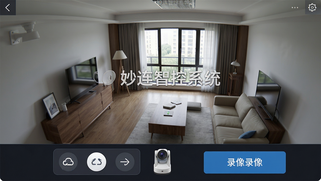 主体:妙连智控系统APP的监控画面,显示一个室内摄像头拍摄的实时视频。布局:视频画面占据屏幕大部分,下方有云台控制按钮和录像键。排版:界面层次分明,按钮布局合理。风格:写实、科技感。细节:画面清晰,色彩真实,有“妙连智控系统”水印。画质:高清视频截图,细节丰富,干净无多余元素。