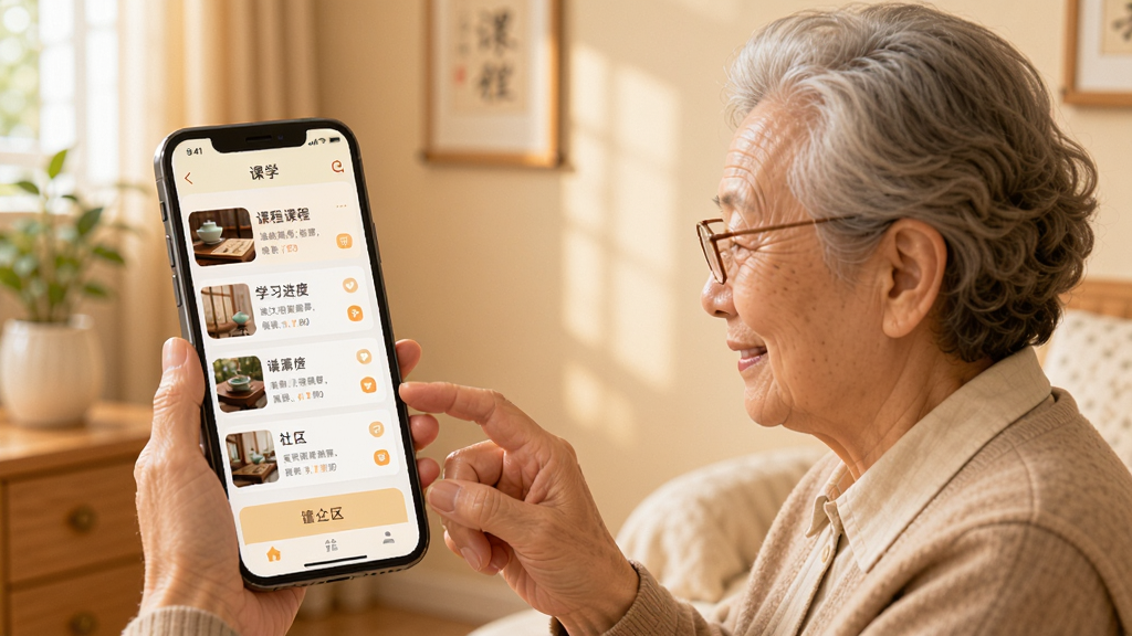 正合app主界面展示,中老年用户正在使用手机学习国学课程,界面简洁清晰,包含课程列表、学习进度、社区入口等模块,整体风格温馨明亮,背景为暖色调,画质干净,无多余元素。
