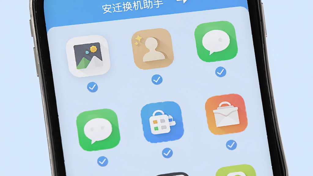 画面主体为手机屏幕展示数据分类图标,包括照片、联系人、短信、应用等,每个图标下方有对勾标记,背景为浅蓝色,布局采用网格排版,风格扁平化,细节包括“安迁换机助手”的界面元素,画质高清,干净,无多余元素