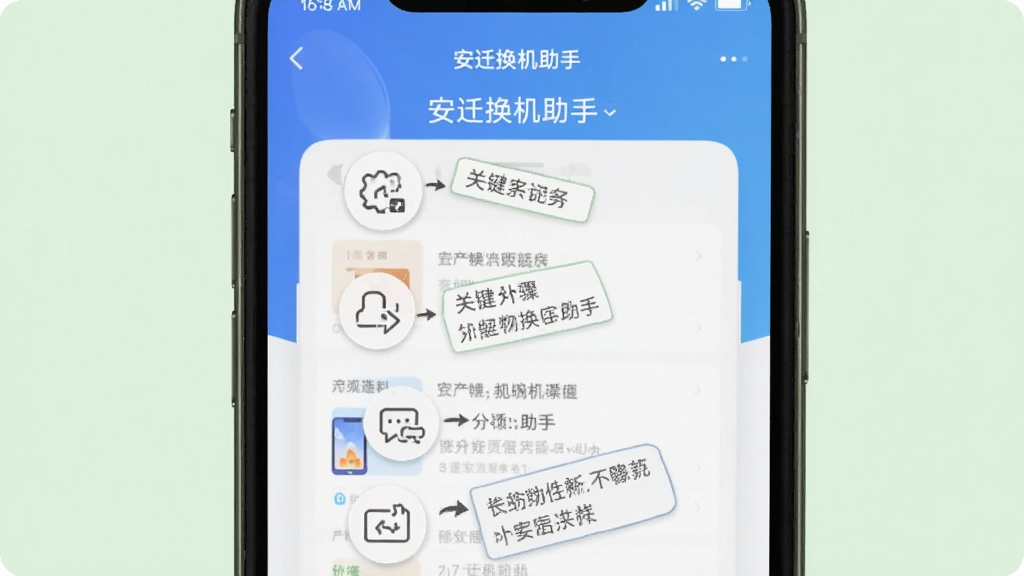 画面主体为手机屏幕显示操作步骤指南,配有关键步骤的图标,背景为淡绿色,布局为上下排列,风格简洁实用,细节包括“安迁换机助手”的界面截图和文字标注,画质清晰,干净,无多余元素