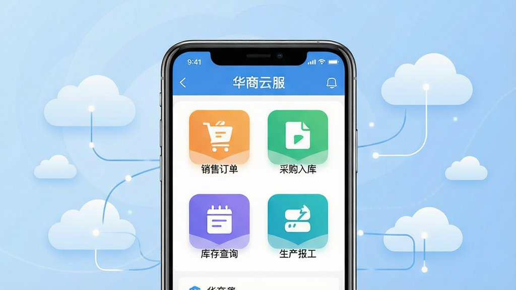 一张展示华商云服软件核心功能的宣传预览图,画面中央是一部智能手机,屏幕中显示华商云服App的主界面,包含销售订单、采购入库、库存查询、生产报工等彩色功能图标,背景为浅蓝渐变商务风格,四周点缀云朵和连接线条,寓意云上协同办公,整体布局简洁大气,画质清晰干净,无多余元素