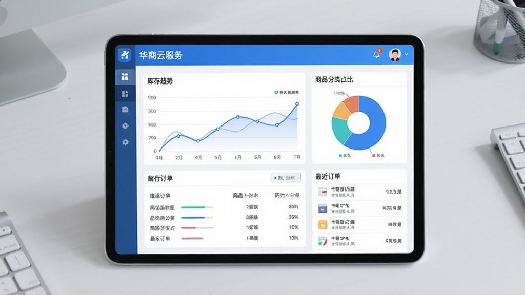 华商云服App的进销存数据看板界面截图风格预览图,画面中央显示一个平板电脑,屏幕上呈现库存趋势折线图、商品分类占比饼图以及最近订单列表,设计采用蓝白配色,信息层级分明,背景为浅灰色办公桌面,风格商务简约,画质干净,无多余元素