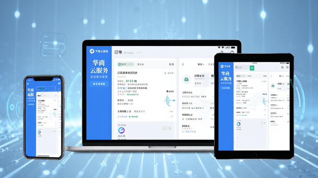展示华商云服多端同步功能的预览图,画面左边是一部手机,中间是一台笔记本电脑,右边是一台平板电脑,三台设备屏幕中均显示华商云服App的同一订单详情页面,背景为淡蓝色科技感光效,强调数据实时同步,排版整洁,画质高清,无多余元素