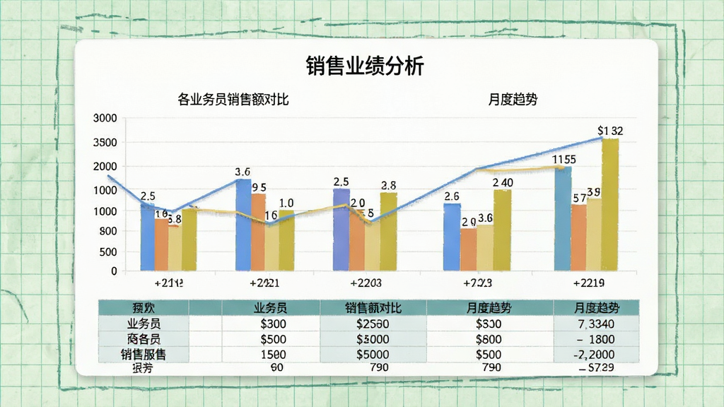 华商云服销售分析报表功能预览图,画面中央是一张放大的彩色柱状图与表格组合图,标题为“销售业绩分析”,图表展示各业务员的销售额对比和月度趋势,背景为淡绿色网格纸风格,数字清晰可辨,风格专业简洁,画质干净,无多余元素