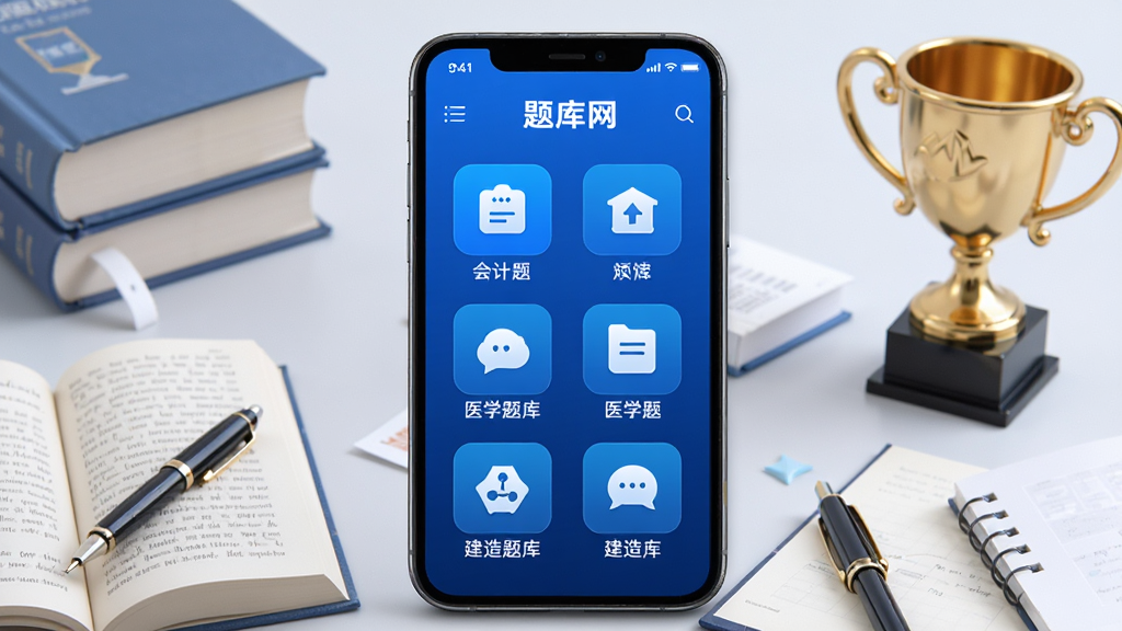 主体:题库网APP界面,展示会计题库、医学题库、建造题库等分类图标,整体为蓝色科技风格,手机屏幕居中,周围有书本、笔、奖杯等学习元素,布局清晰,排版整齐,风格现代简洁,细节丰富,画质高清,干净无多余元素,文字标注“题库网”
