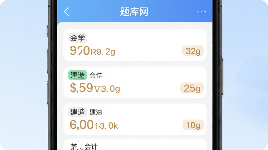 主体:题库网APP题库列表页面,展示会计、医学、建造等分类,每个分类下有题目数量标识,手机屏幕居中,背景为浅蓝色渐变,布局简洁,排版整齐,风格清爽,细节丰富,画质高清,干净无多余元素,文字标注“题库网”