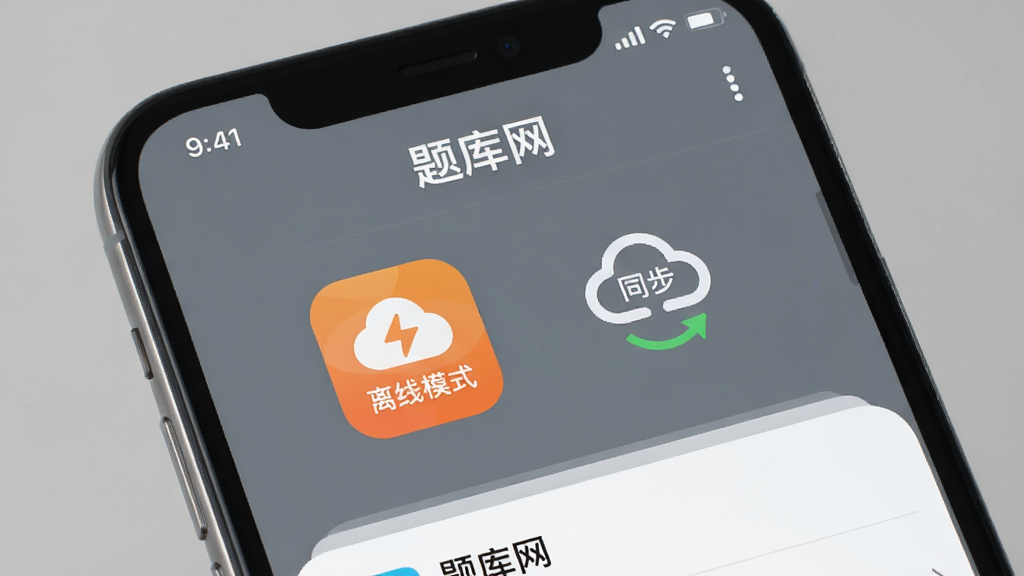 主体:题库网APP离线刷题界面,手机屏幕显示离线模式图标,旁边有云同步标志,背景为灰色调,布局简洁,排版清晰,风格实用,细节到位,画质高清,干净无多余元素,文字标注“题库网”