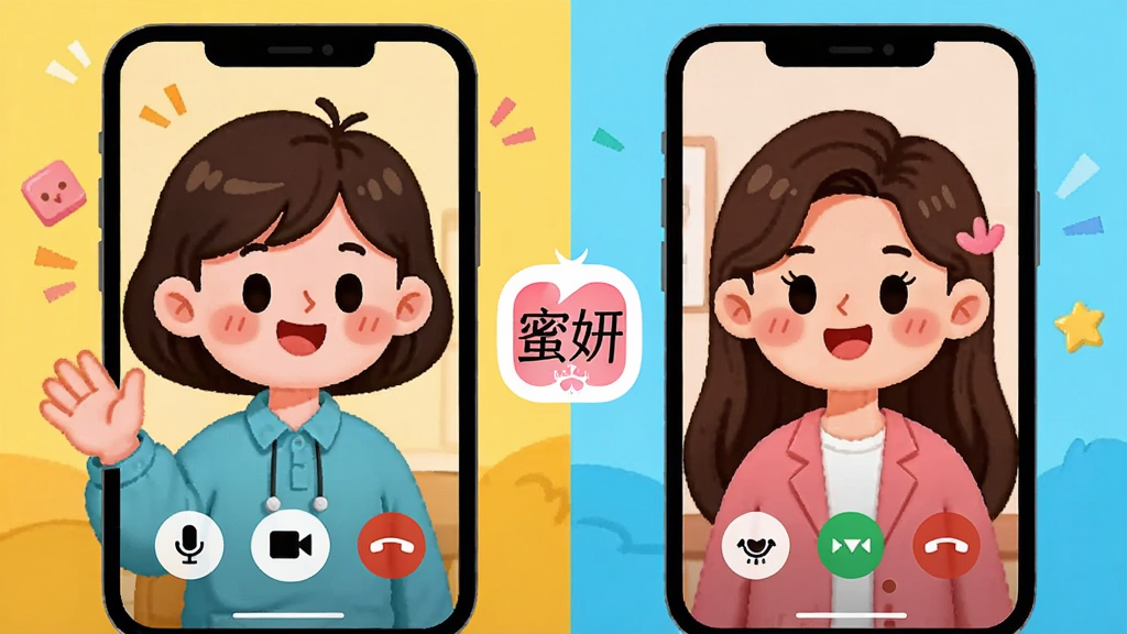 主体:两个卡通人物通过手机屏幕进行视频通话,屏幕内显示“蜜妍”App的视频通话界面。布局:左右分屏设计,左边为发起的用户,右边为接通的用户,中间有“蜜妍”Logo。排版:画面活泼,色彩鲜艳。风格:插画风格,可爱温馨。细节:视频通话界面有麦克风、摄像头、挂断按钮,画质高清,干净,无多余元素。