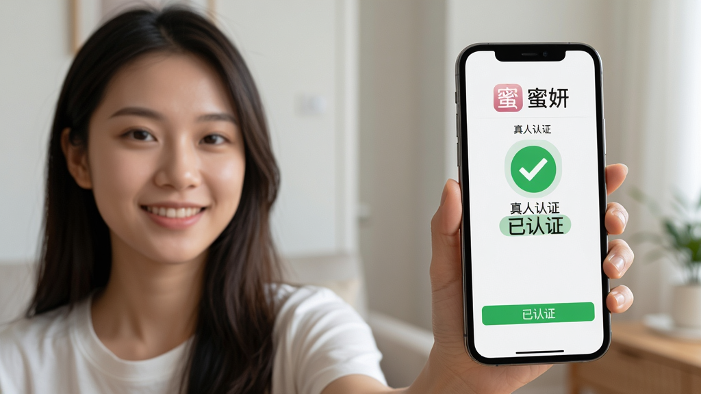 主体:一位年轻女性手持手机展示“蜜妍”App的真人认证界面,界面有“已认证”绿色标识。布局:人物位于画面左侧,手机屏幕朝向右前方,背景为简约的室内环境。排版:人物与手机形成视觉焦点。风格:自然生活感,光线柔和。细节:手机屏幕清晰显示“蜜妍”Logo和“真人认证”字样,画质高清,干净,无多余元素。