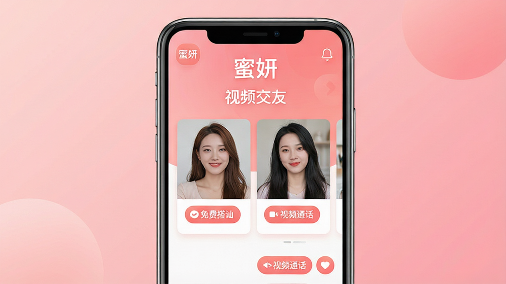 主体:手机屏幕展示“蜜妍”交友软件界面,界面中显示多个真人视频卡片和聊天按钮。布局:手机居中,屏幕内容清晰可见,背景为柔和的渐变粉色系。排版:界面元素整齐排列,突出“蜜妍”品牌Logo和“视频交友”字样。风格:现代简约,温暖明亮,带有社交软件的活力感。细节:屏幕上有“免费搭讪”、“视频通话”等图标,画质高清,干净,无多余元素。