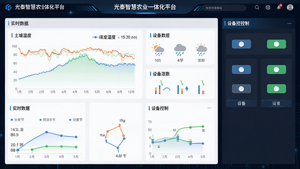 ��̩�ǻ�ũҵһ�廯ƽ̨�������ͼ��չʾʵʱ���ݿ������豸������壬��������������ͼ���ḻ������ִ��Ƽ��У�ϸ�ڰ�������ʪ�����ߡ�����ͼ�ꡢ�豸���ذ�ť�����ʸ���ɾ����޶���Ԫ��