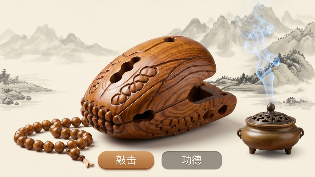 主体:灵韵木鱼应用界面,中央是一个古色古香的木鱼,旁边摆放着念珠和袅袅升起青烟的香炉。布局:木鱼占据画面中心,背景为淡雅的水墨山水画,营造宁静氛围。排版:界面简洁,下方有“敲击”按钮和“功德”计数显示。风格:写实与禅意结合,色彩柔和温暖。细节:木鱼纹理清晰,念珠光泽温润,烟雾飘渺。画质:高清渲染,干净无多余元素。