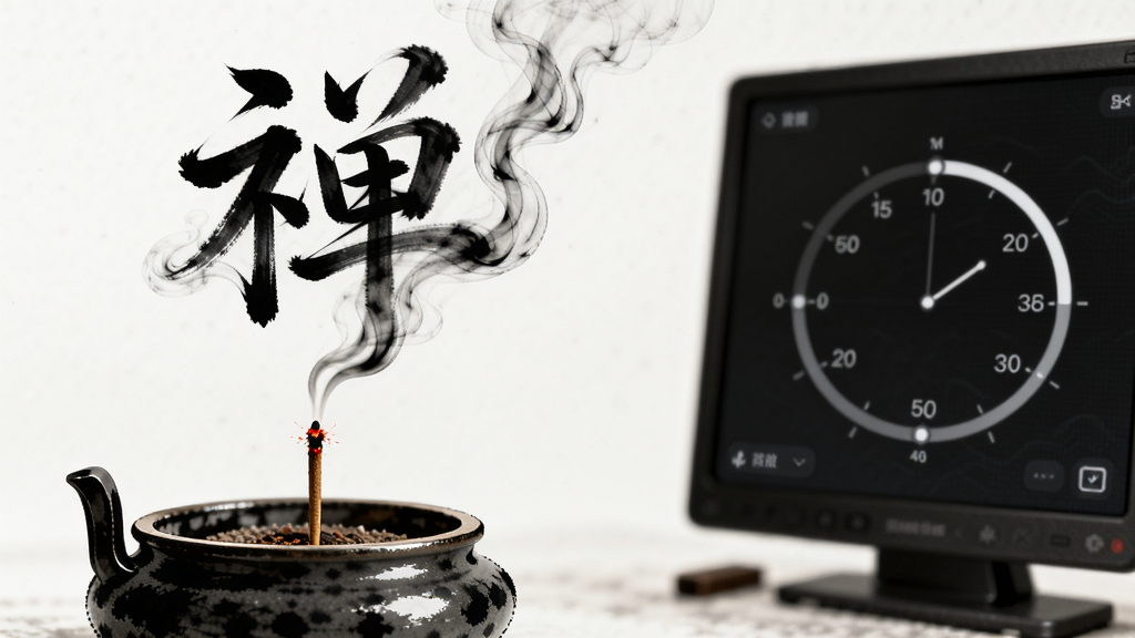 主体:一炷香在香炉中燃烧,烟雾袅袅上升,形成“禅”字。布局:香炉置于画面左下,右侧屏幕显示计时圆环。排版:简洁富有禅意。风格:水墨画风与UI结合。细节:香头火星微红,烟雾动态飘散。画质:高清,干净无多余元素。