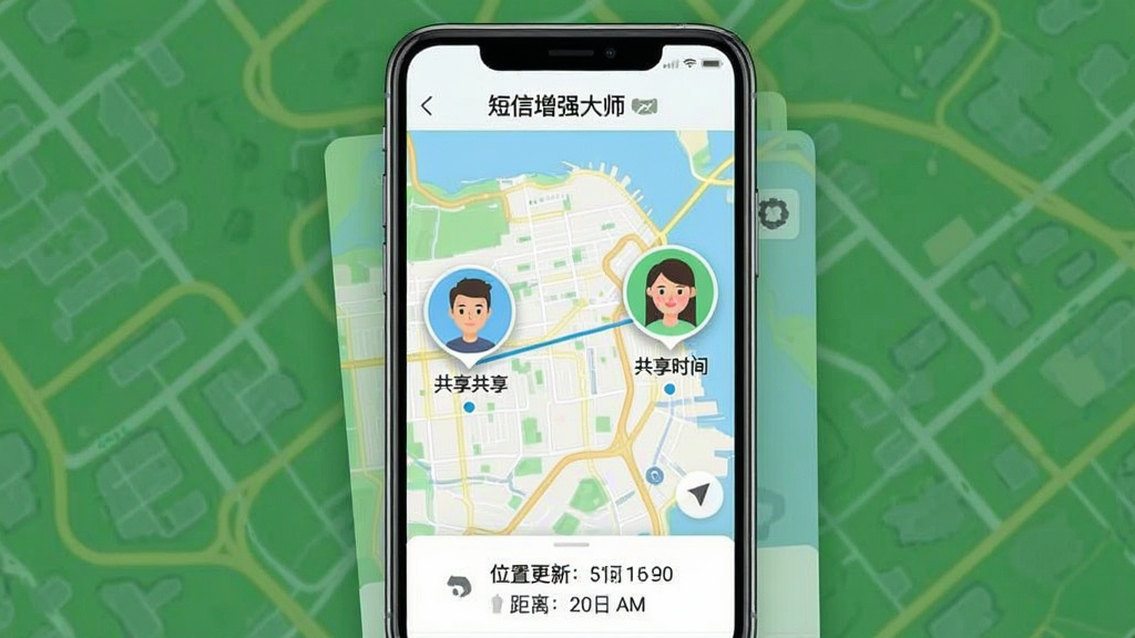 一张手机App功能预览图,画面主体为“短信增强大师”的定位共享界面,地图占据大部分屏幕,清晰显示两个头像图标代表共享位置的双方,底部有位置更新时间和距离信息,界面风格清新直观,画质干净,无多余装饰元素