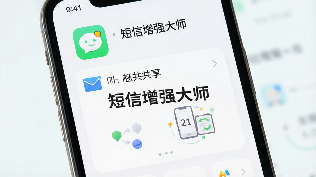 一幅展示智能手机屏幕的清晰预览图,屏幕中央显示“短信增强大师”App的界面,界面设计简洁现代,色彩明快,背景为浅色系,图标醒目,整体布局干净整洁,画质高清,突出短信提醒和位置共享的核心功能区域,无多余元素