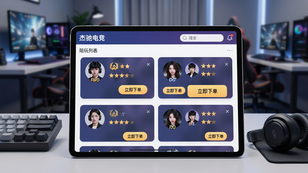 画面主体为杰驰电竞APP内陪玩师列表界面,背景是模糊的现代电竞酒店房间,前景是一个简约的平板电脑,屏幕上展示多位陪玩师的卡片,每张卡片包含头像、段位图标与“立即下单”按钮。布局采用平视角度,平板居中,周围有键盘、耳机等外设点缀。排版上,屏幕内容清晰可辨,顶部有“杰驰电竞”字样与搜索框。风格为写实摄影风格,细节上突出屏幕中陪玩师的高段位标识与玩家评价星级。画质为高清,画面干净,无多余元素。